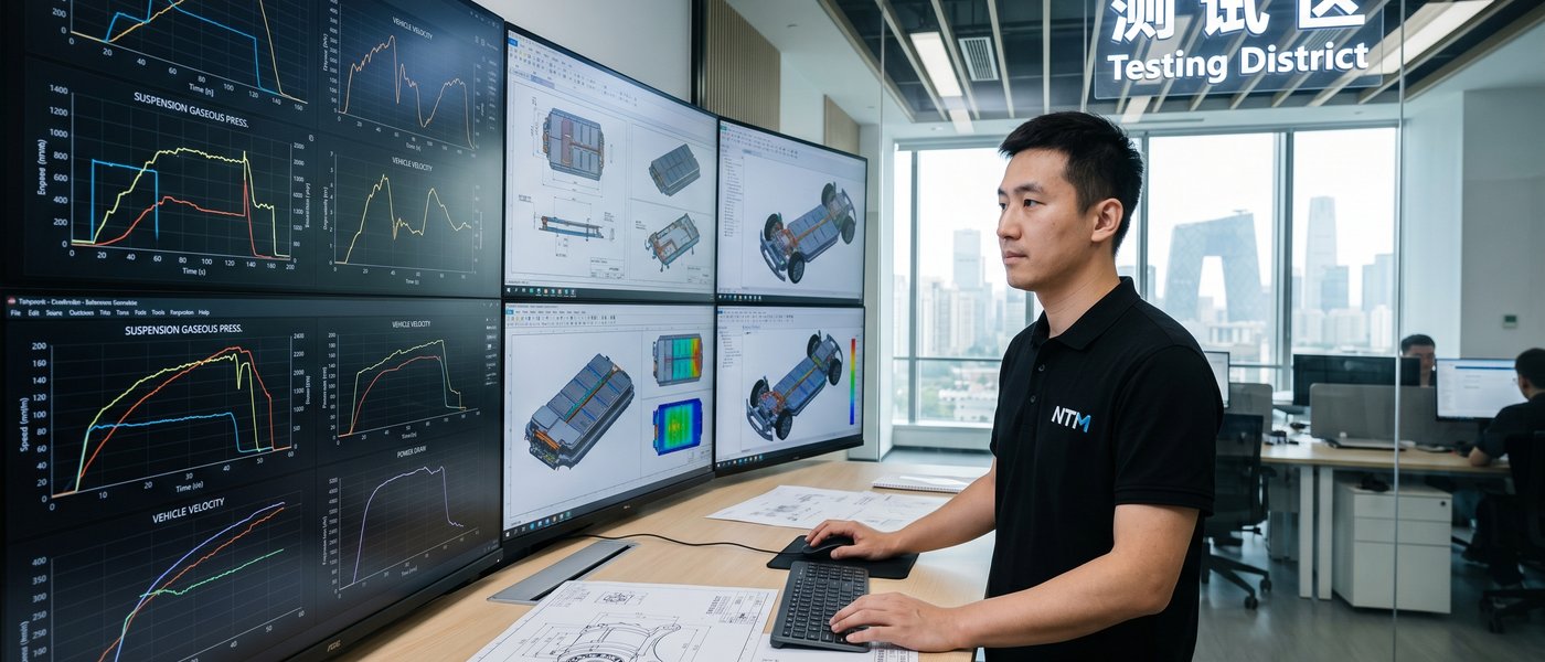 NTM engineer analyzing vehicle telemetry on a data wall in Beijing